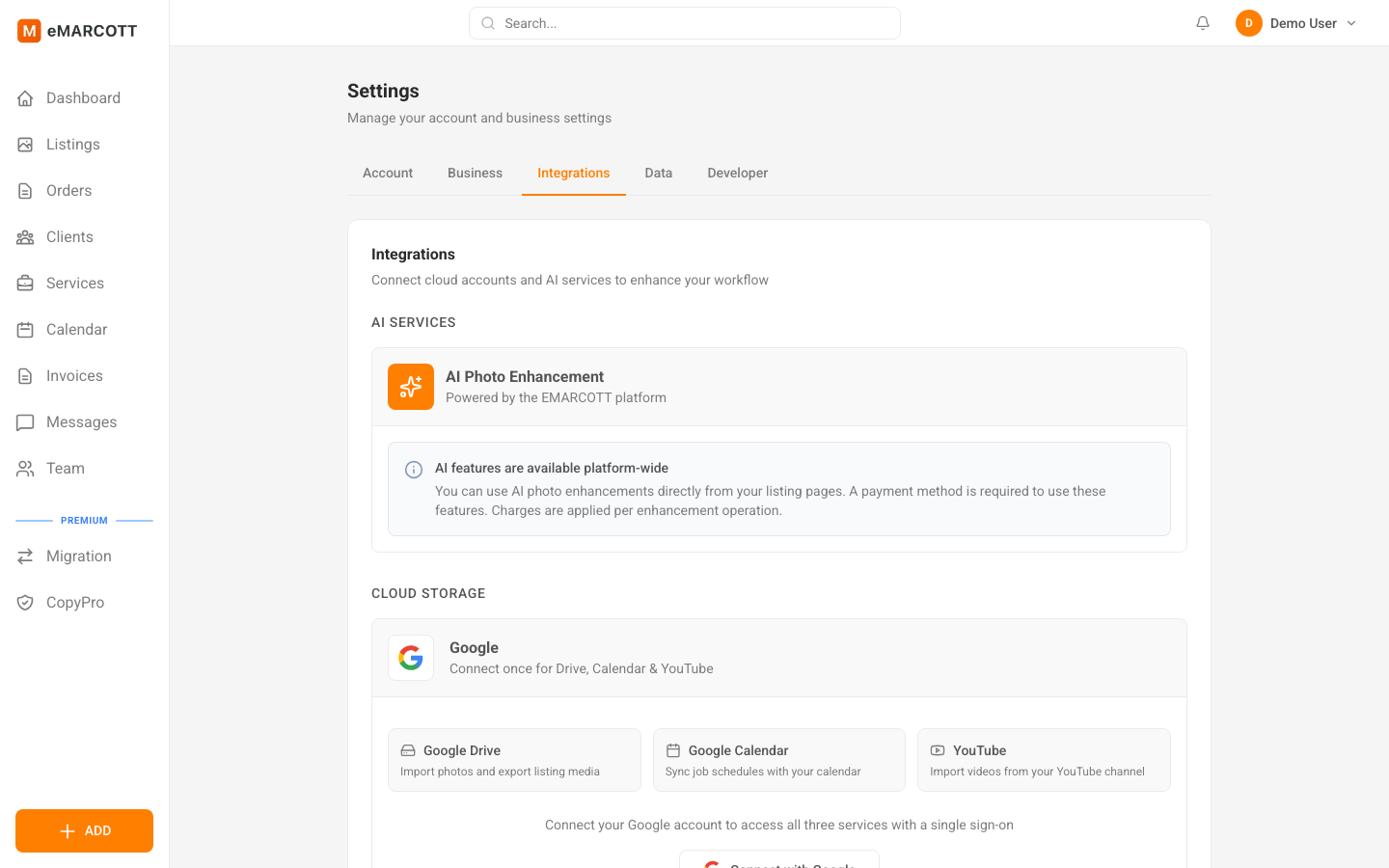 eMARCOTT cloud storage integrations settings
