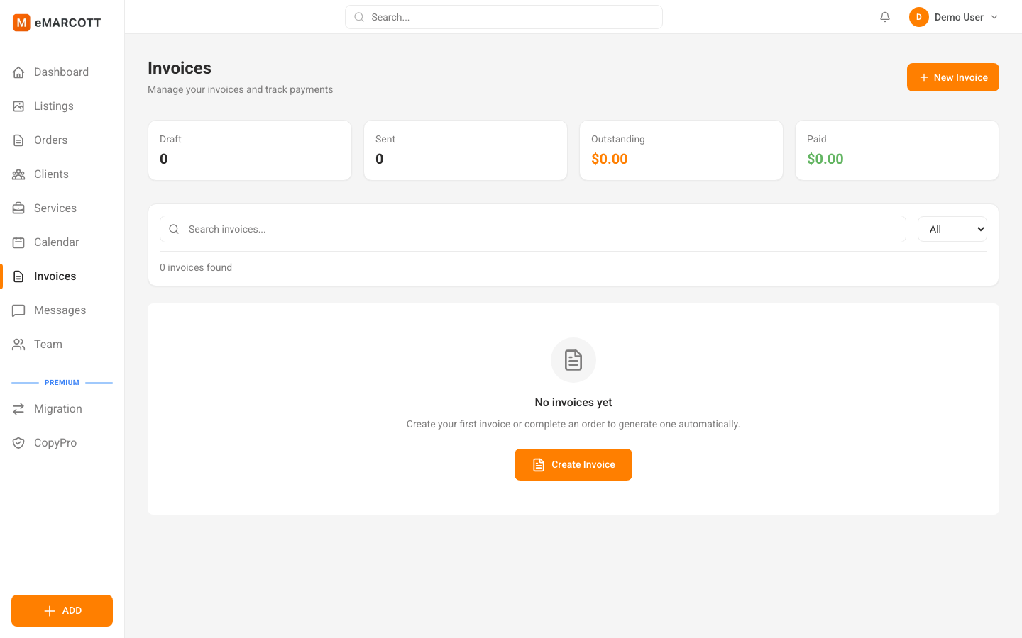 eMARCOTT invoice management dashboard