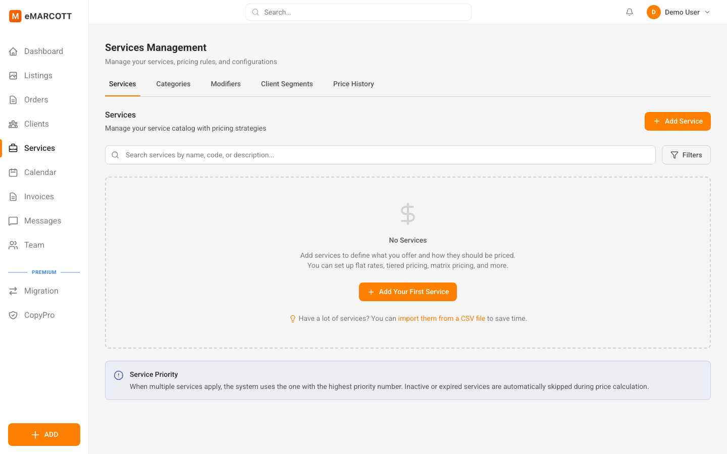 eMARCOTT service pricing configuration
