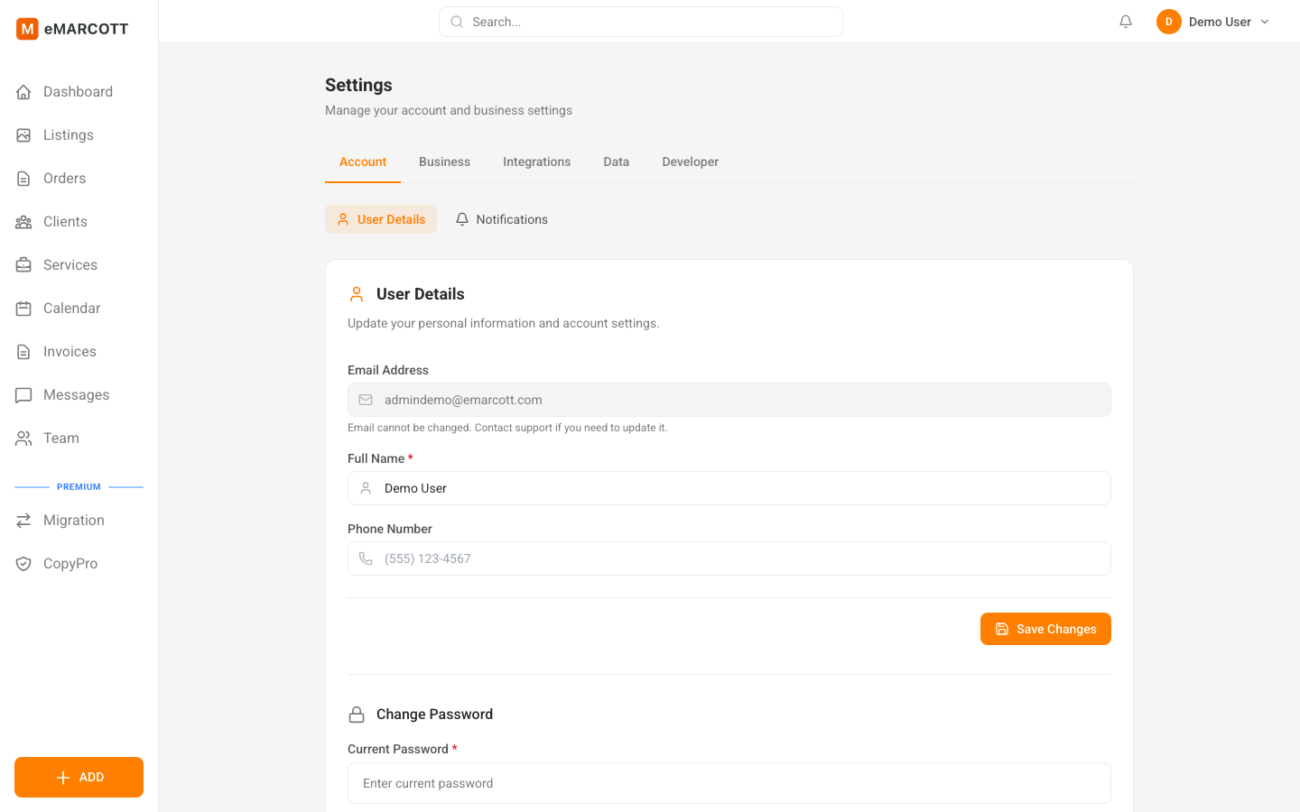 eMARCOTT security settings and configuration